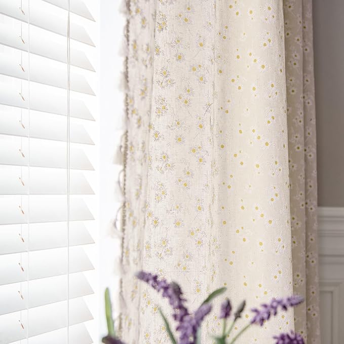 ENJOYBRIDAL Floral Curtains 84 Inch Length 2 Panels Tassel Drapes Rod Pocket Semi-Sheer Boho Daisy Bedroom Living Room Farmhouse Rustic Bohemian Window Curtain Panels