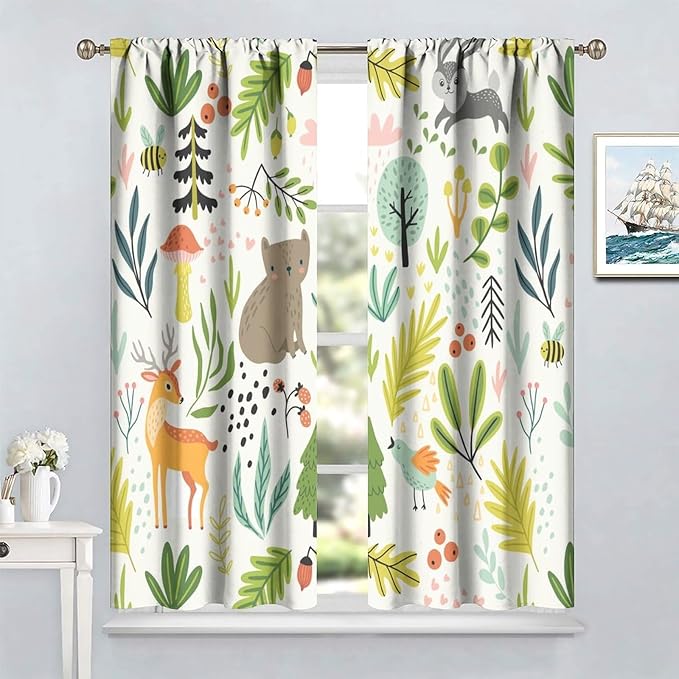 Kid Forest Animal Curtains,Woodland Animal Cartoon Watercolor Forest Hedgehog Fox Toddler Boys Girls Bedroom Living Room Window Drapes 42x63in