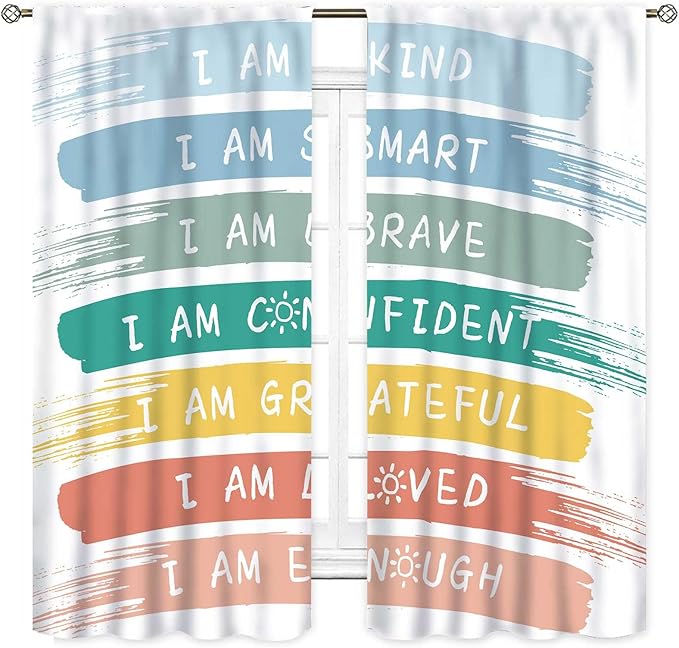 Rainbow Curtains for Classroom, Kids Girls Baby Boho Cute Inspirational Motivational Quotes Cartoon Colorful Pastel Nursery Classroom Bedroom Living Room Bathroom Window Drapes 2 Panels, 84"x84" Inch