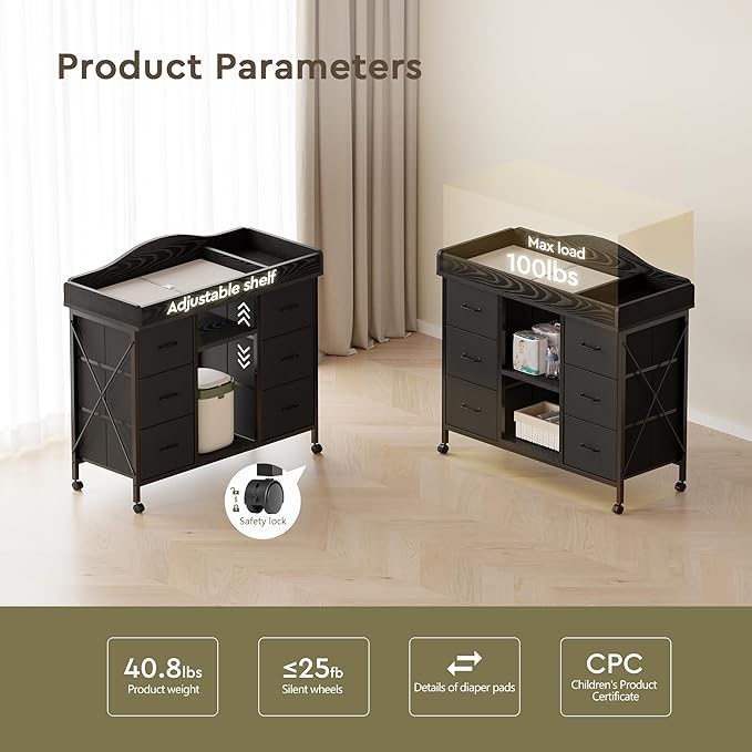 Changing Table, 6-Drawer Baby Dresser with Changing Table top,Waterproof Diaper Changing Station & Pad, 2 Height-Adjustable Open Storage Shelves, Mobile Nursery Organizer, Black
