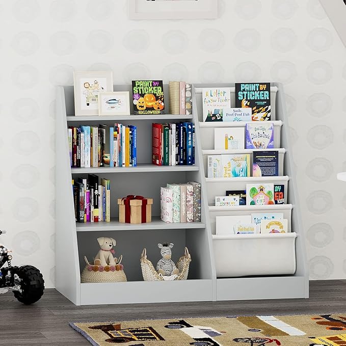 NACHES Montessori Kids Bookshelf Fabric Sling Pockets & Open Shelves – Front Facing Toddler Book Display and Toy Storage Organizer for Nursery Playroom or Bedroom 35" Wide (Gray, Middle)