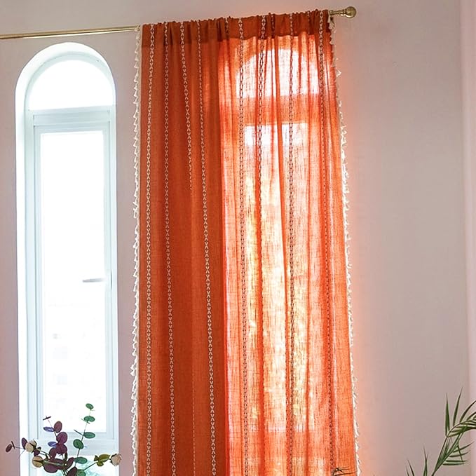Deeprove Orange Curtains 90 inches Long, Cotton Linen Stripe Textured Light Filter Privacy Burnt Bohemian Window Treatment for Dining Bedroom Living Room Fall Halloween Decor, Rod Pocket 1 Panel