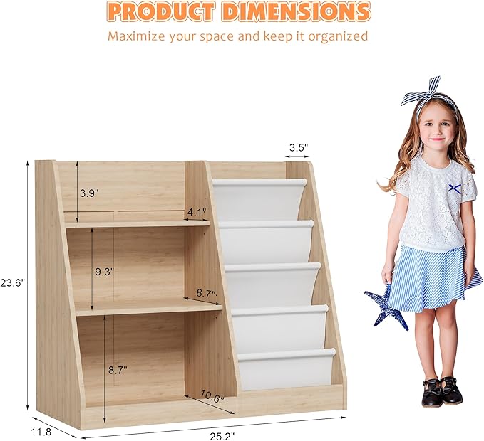 NACHES 3 Tier Kid Bookshelf Wooden 4 Sling Children Bookcase Adjustable Toddler Montessori Rack Display Toy Storage Organizer Book Display Shelf Classroom Bedroom Nursery Playroom, 25inch(Burlywood)