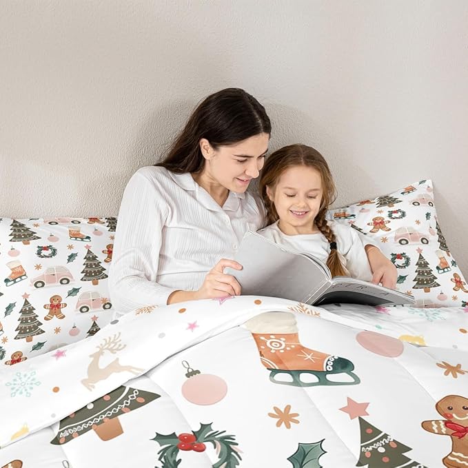 Feelyou Xmas Tree Car Comforter Set All Season Gingerbread Man Bedding Set with 2 Pillow Cases Garland Microfiber Kids King Bedclothes Bedroom Decor Duvet Quilt Breathable Soft