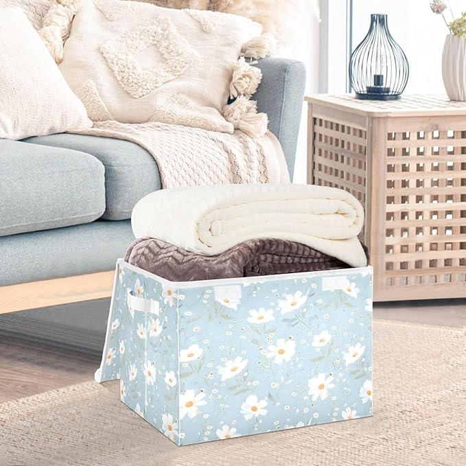 senya Large Storage Bins with Linen Collapsible Foldable Storage Cubes Fabric Closet Organizer Containers box with Flip-Top Lid for Home Bedroom Office 16.7 x 12.6 x 11.8in (White Flowers)