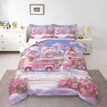 Manfei Christmas Comforter Set Twin Size, Pink Truck Flower Snowman Bedding Set for Kids Girls Room Decor, New Year Theme Down Comforter, Lightweight Duvet Insert, 1 Pillowcase