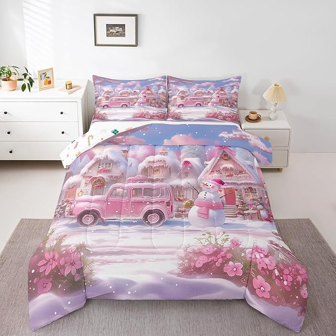Manfei Christmas Comforter Set Queen Size, Pink Truck Flower Snowman Bedding Set for Kids Girls Room Decor, New Year Theme Down Comforter, Lightweight Duvet Insert, 2 Pillowcases