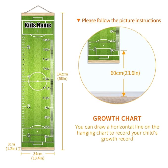 Personalized Kids Name Growth Chart Ruler for Wall Wood Frame Height Measure Chart 13.4x56 in Linen Hanging Height Growth Chart Football Field Kids Room Decor