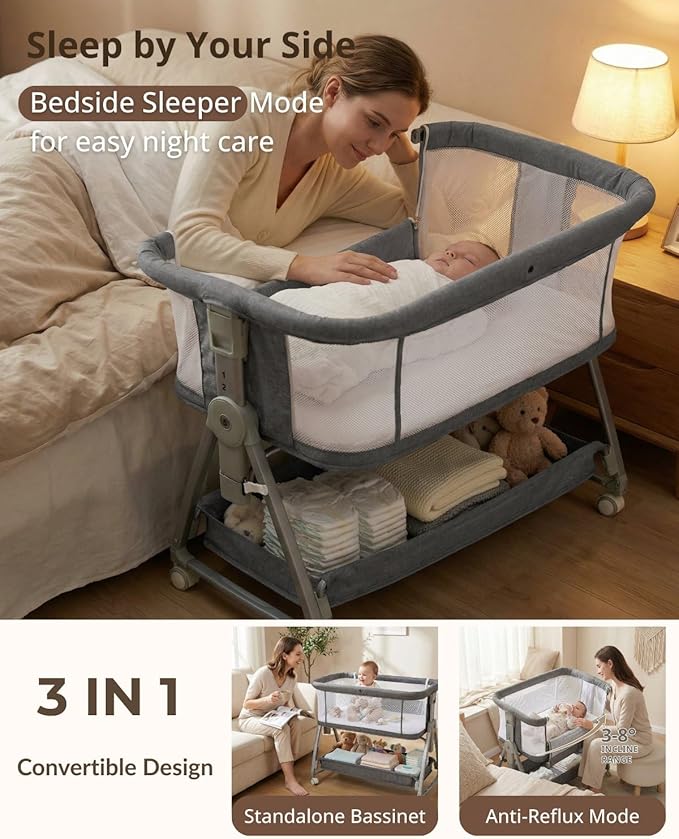 3 in 1 Baby Bassinet Bedside Sleeper with Mattress and Wheels, 5 Height Adjustable Bed Side Bassinets for Newborn, Gray Rocking Bassinet for Baby