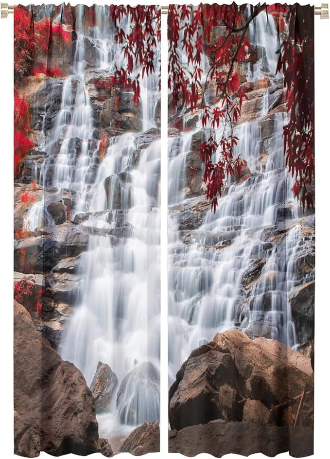 Waterfall Blackout Windows Curtains, Waterfall Red Forest Pattern Nature View Curtains, for Living Room Bedroom 42x63in 2 Panels
