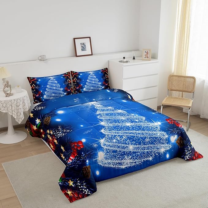 Feelyou Kids Merry Christmas Decorations Comforter Set, Kids Santa Tree Bedding Set Full Size for Boys Girls Teens Xmas Christmas Bell Decor Comforter Glitter Blue Quilt Set