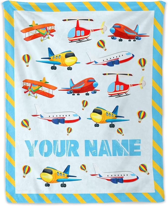 Custom Cute Throw Blanket for Adults - 60" x 80" Inches Airplane Throw Gifts for Boys - Blue Warm Cozy Aircraft Blanket for Bed, Couch, Travel