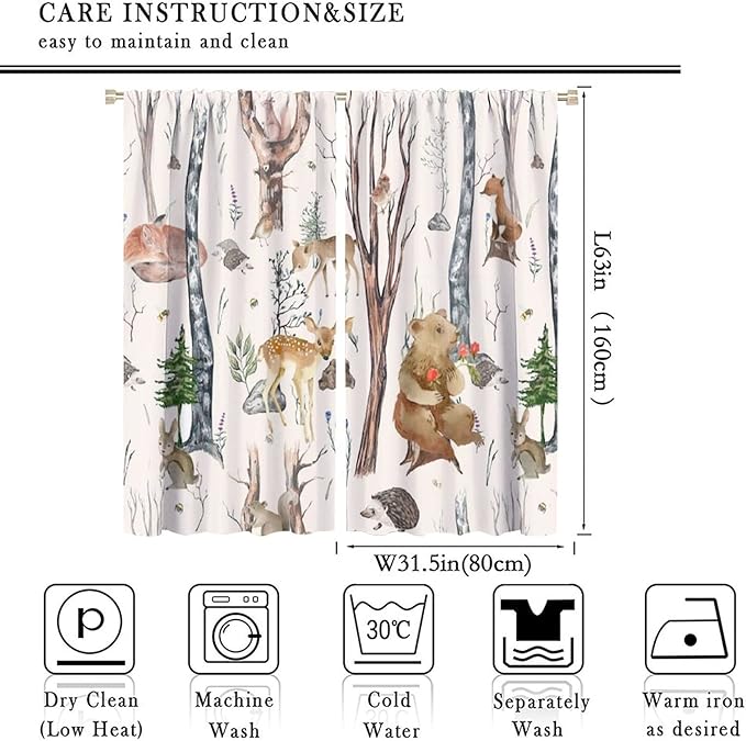 Rustic Forest Window Curtains Curtains, Woodland Animal Bear Deer Hedgehog Fox Forest Squirrel Watercolor Blackout Rod Pocket Window Treatments Drapes for Boys Girls Bedroom 63x63in