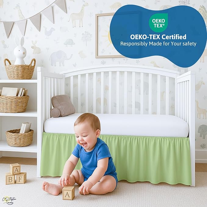 Cottington Lane Sage Infrant Crib Bed Skirt Dust Ruffle with Split Corner, 100% Natural Cotton Nursery Crib Toddler Bedding Skirt for Baby Girls or Boy, Fits Standard Cribs 28" x 52" with 14" Drop