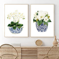 White Orchid & Magnolia Watercolor Flowers Botanical Plant Art Print Blue And White Chinoiserie Wall Art Oriental Vase Blue White Willow Style Porcelain Flower Jar Poster for Living Room Decor