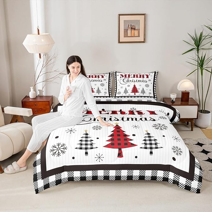 Merry Christmas New Year Kids Comforter Set King Size,Snowflake Pine Trees Bedding,Girls Boys Adults Bedroom/Xmas Cabin Decor,Grids Geometric Fashion Down Comforter,Rustic Duvet Insert,2 Pillowcases