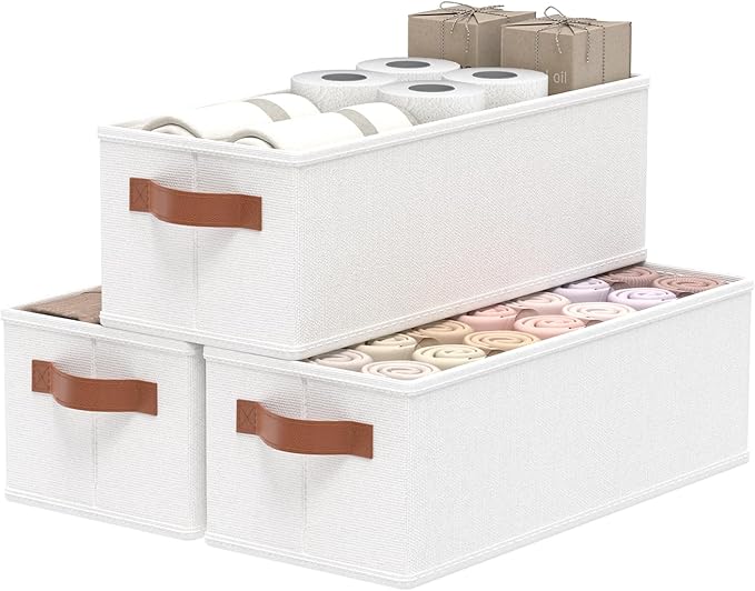 OUTBROS Wardrobe Storage Boxes, Fabric Foldable Bins, Cube Baskets With Handles, Collapsible Organiser For Bedrooms, Living Rooms, Shelves, White, 15 x 6.1 x 5.1 inch, 3-Pack