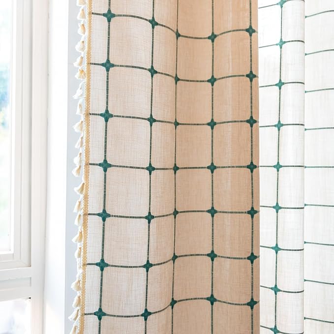 Deeprove Boho Curtains 96 Inches Long for Bedroom Living Room Nursery, Cotton Linen Plaids Beige Turquoise Teal Embroidery Bohemian Farmhouse Window Treatment Grids Drape Tassels, 1 Panel W52 x L96