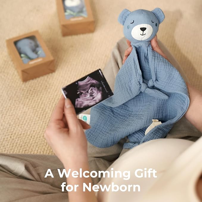 Momcozy Bear Loveys for Babies with Cotton - Soft Security Blanket for Boy or Girl for Self-Soothing On-The-Go-Portable & Anti-Drop Design - Newborn Gift，Must Have（Blue 14 inch）