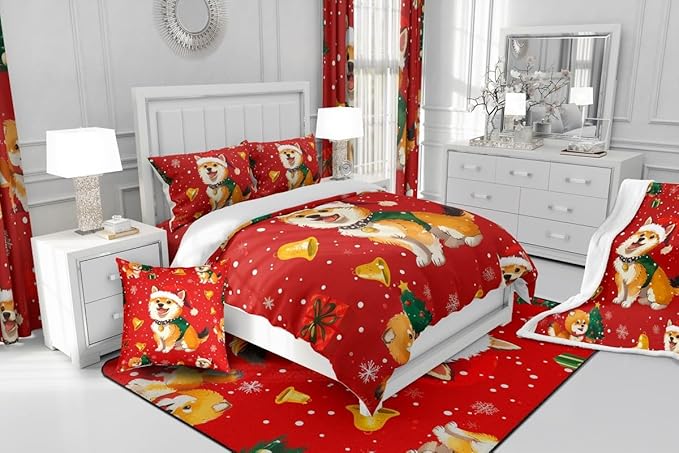 Cartoon Dog Bedding Set Full Size,Bell Christmas Tree Star Snowflake Comforter Set for Kids Boys Girls Room Decor,Cute Corgi Xmas Theme Duvet Insert 3Pcs,Merry Christmas Red Quilt Set,2 Pillowcases