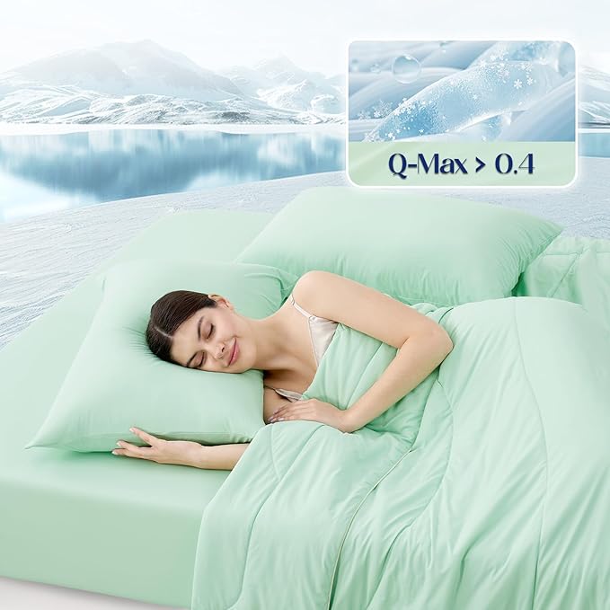 Dream Valley® Twin Sheets Set, Cooling Fitted Sheet with 1 Pillowcase-2 PCS with No Flat Sheet,Q-Max > 0.4 Aerocool, Cooling for Night Sweats, Hot Sleepers,deep Pocket up to 15",Mint Macaron