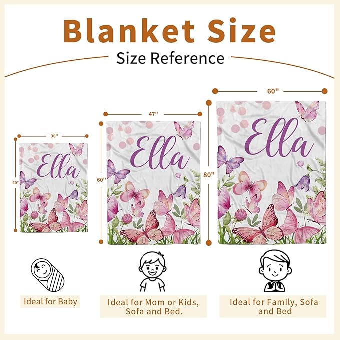 Personalized Baby Blanket for Girls, Custom Name Blanket for Newborn New Mom, Soft Flannel with Double Layer Dotted Backing, Ideal Gifts for Baby Shower Christmas Birthday, Butterfly(30”x40)