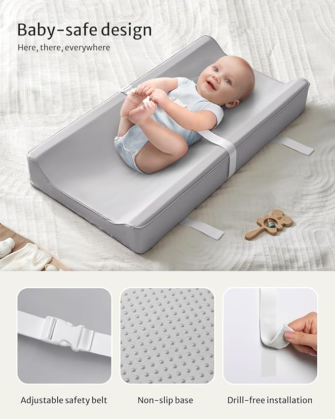 Blissful Diary Vegan Leather Baby Changing Pad with Waterproof & Wipe-Clean PU Cover, Standard Size Cozy Diaper Changing Pad for Dresser and Table, Light Gray