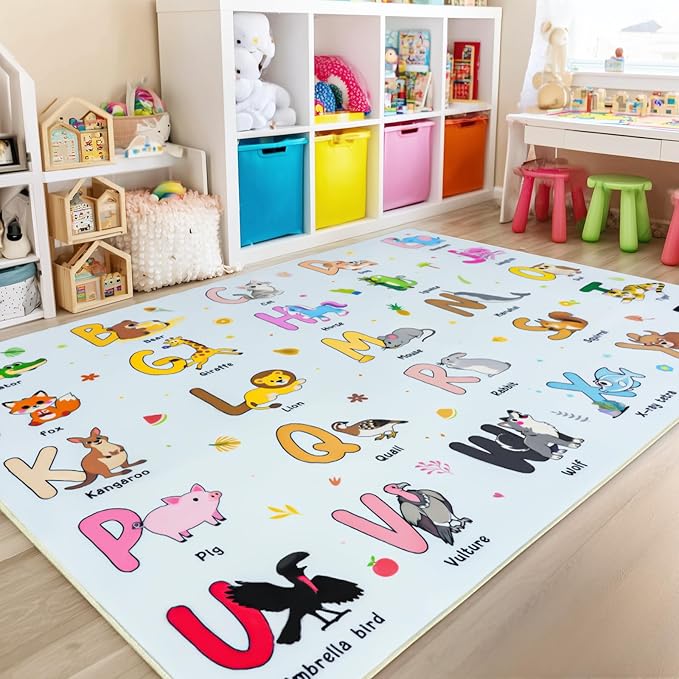 Kids Rugs for Playroom, 3x4 Feet Educational Rug for Learn The ABC Alphabet, Soft Machine Washable Non-Slip Cute Cartoon Animals Carpet for Classroom Toddler Nursery Kids Room Decor, Blue