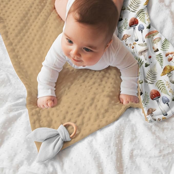 Boho Mushroom Forest Baby Blankets for Girls Boys 30" x 40", Brown Soft Double Layer Minky Blanket with Dotted Fleece Back, Nursery Bed Receiving Quilt for Newborn Infant Toddler Shower Gift