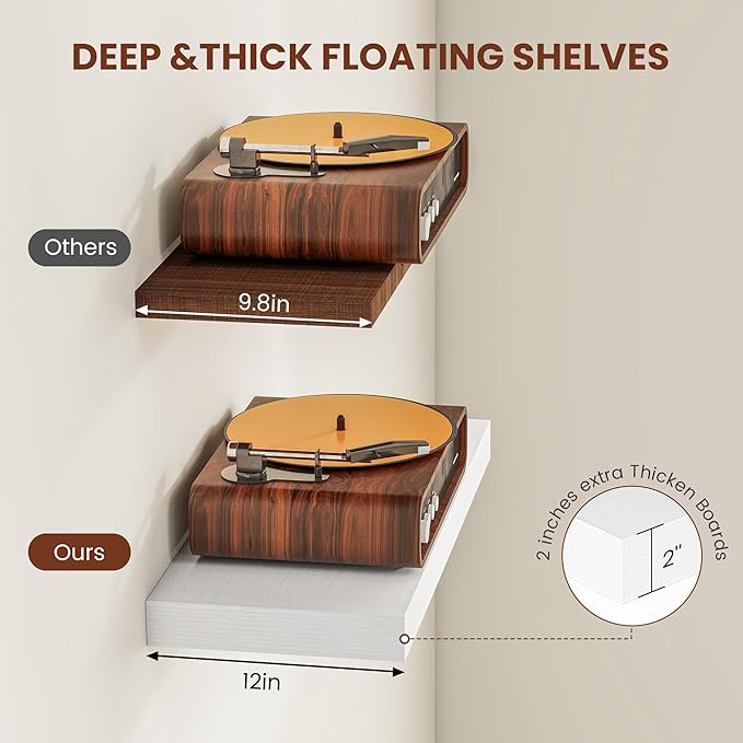 Vivelove 2" Thick Floating Shelves, 24/36/48/55 Inch X 12 Deep Shelves for Room Wall Mounted, Floating Shelf for Living Room Bedroom Bathroom Kitchen Laundry Room, Set of 2 White