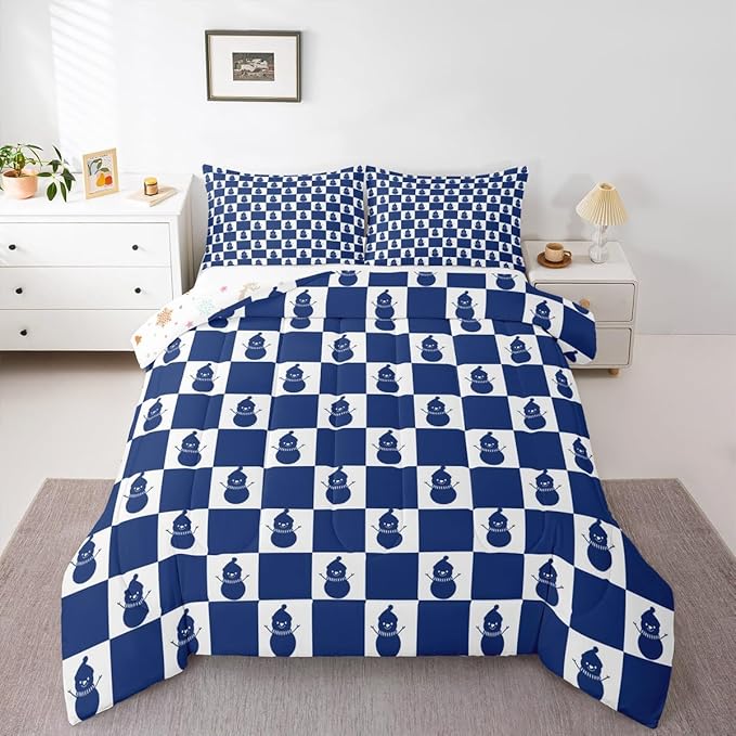 Feelyou Christmas Comforter Set All Season Checkered Bedding Set with 2 Pillow Cases Snowman Kids King Bedclothes Xmas Decorations Bedroom Decor Blue Duvet Quilt Breathable Soft Lightweight