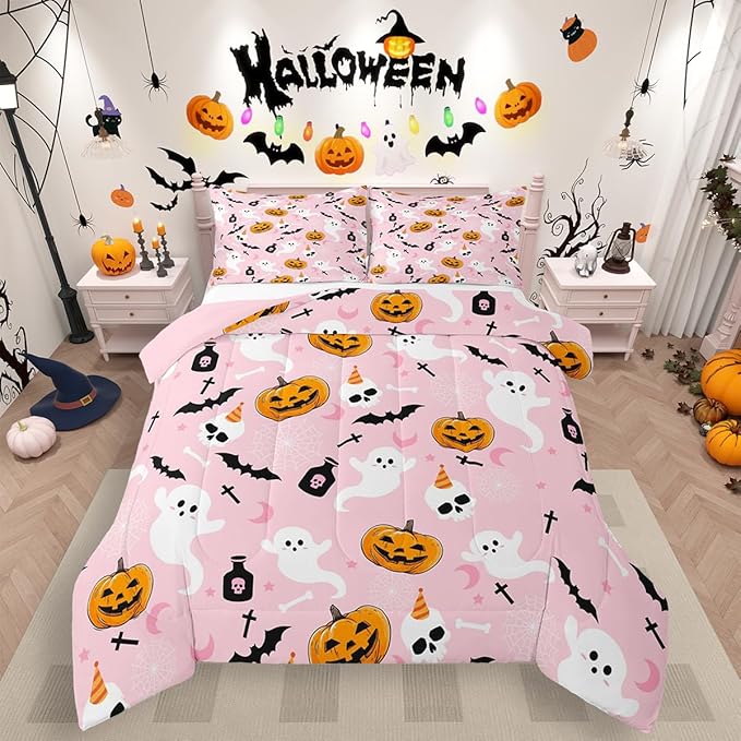 Erosebridal Pink Halloween Comforter Set Cute Ghost Bedding Set Toddler Size,Spooky Pumpkin Bat Decor Quilt for Kids Boys Girls Adults Vintage Halloween Decorations Down Comforter