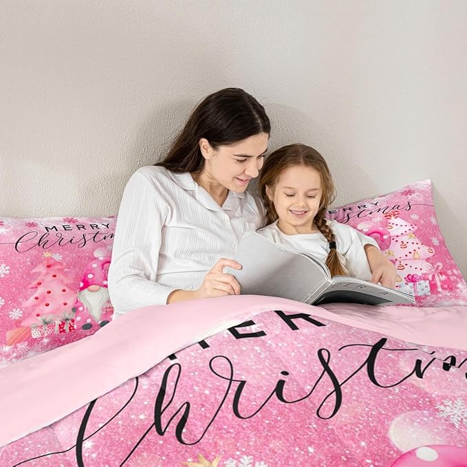 Castle Fairy Girly Christmas Comforter Set Twin Size,Pink Gnome Xmas Pine Trees Gift Bedding Set for Kids Boys Men,Snowflake Stars Glitter Sparkling Quilted Duvet Set with 1 Pillowcase