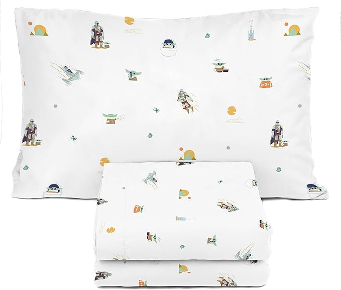 Sunny Side Up Kids Sheet Set with Fitted, Flat Sheets & Pillow Cover - Ultra-Soft Bedding with Pillowcase for Room Decor, White - The Mandalorian, 3 Piece Twin