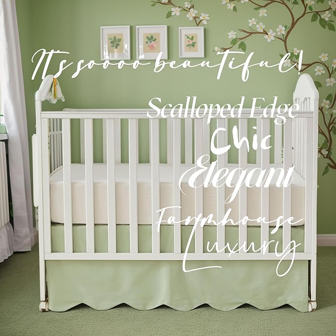 Brandream Scallop Edge Cotton Crib Skirt Toddler Bedskirt Baby Nursery Crib Bed Skirt Gender Neutral Solid Color Light Green Farmhouse Chic Boho Bohemian Skirt