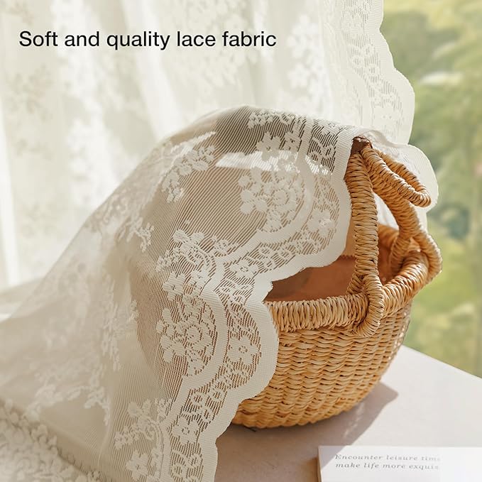 Anmao Vintage Lace Curtains 80 Inches Long 2 Panels Set, Romantic Elegant Light Filtering Semi Sheer Floral Thick Lacy Curtain Drapes for Living Room and Bedroom, Each Panel 55W x 80L, Ivory