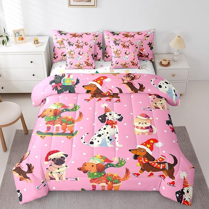 Feelyou Xmas Dog Bedding Set Cute Dog Christmas Style Comforter Set with Sheets 3D Animal Bed in a Bag for Boys Girls Children Teens Bedroom Decor Pink Bed Set 7Pcs Queen Size