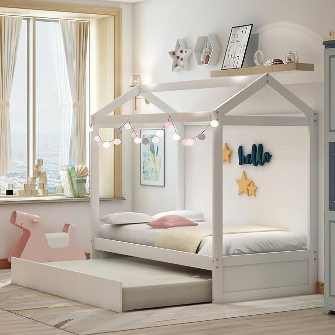 Merax House Bed with Trundle, Solid Wood Twin Size Daybed for Girls & Boys, Kids Platform Bed Frame with Roof for Bedroom, No Box Spring Needed, White