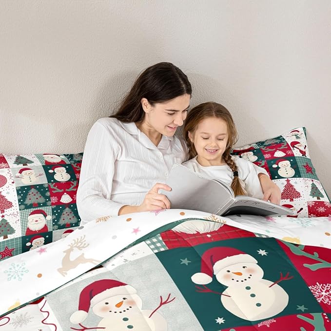 Feelyou Merry Christmas Comforter Set All Season Xmas Tree Snowman Bedding Set with 2 Pillow Cases Santa Claus Microfiber Kids Queen Bedclothes Patchwork Bedroom Decor Duvet Quilt Breathable Soft
