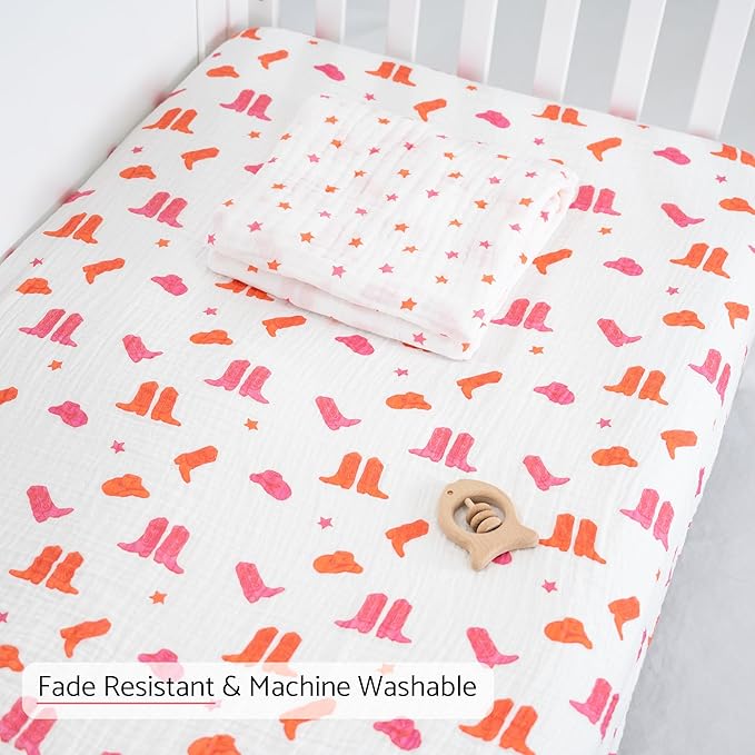 LollyBanks Baby Girl Crib Sheets 2 Pack, 100% Muslin Cotton Soft and Breathable Baby Crib Sheets, Snug Fitted Sheet for Standard 52"x28" Mattress, Nursery Must Haves (Pink Boot and Pink Star)