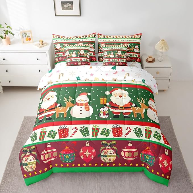 Feelyou Christmas Santa Claus Comforter Set with Sheets Cartoon Stockings Deer Bedding Set for Kids Boys Girls Teens Decor Christmas Snowflake Bed in a Bag Kawaii Bed Set 7Pcs Queen Size