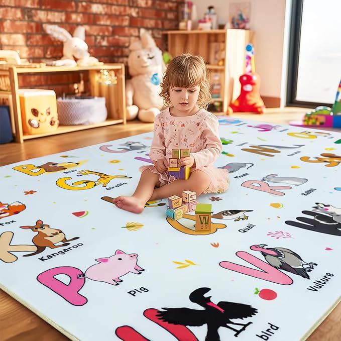 Kids Rugs for Playroom, 4x5 Feet Educational Rug for Learn The ABC Alphabet, Soft Machine Washable Non-Slip Cute Cartoon Animals Carpet for Classroom Toddler Nursery Kids Room Decor, Blue