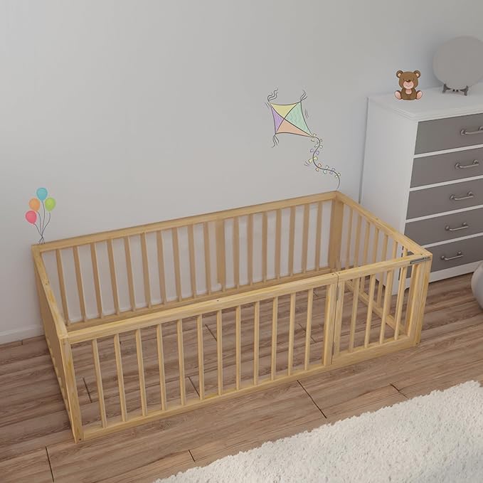 Montessori Floor Bed with Door On The Right Side for Toddler | Pine Wood Natural Solid Frame Beds | Sturdy Modern Design Floor Bed Frame for Boy and Girls (Full, Height: 19 Inches)