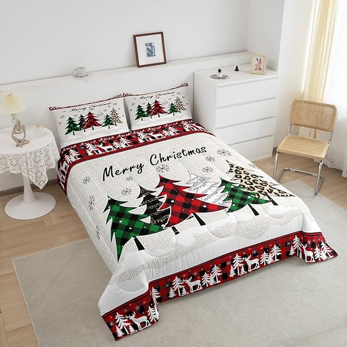 Manfei Xmas Trees Comforter Set Twin Size, Merry Christmas Bedding Set 2pcs for Kids Boys Girls Room Decor, Pine Trees Snowflake Deers Down Comforter Soft Polyester Quilt Set with 1 Pillowcase