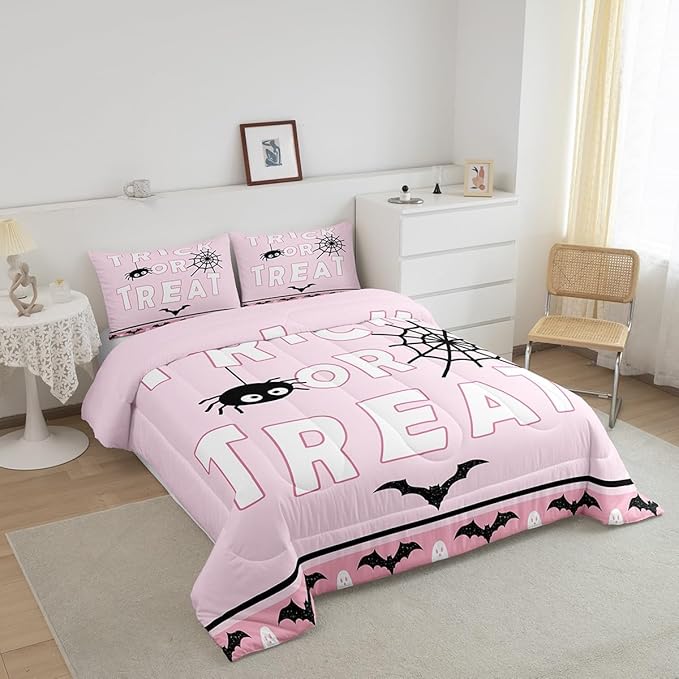 Erosebridal Happy Halloween Comforter Set Toddler Size Spider Web Bedding Set Bat Ghost Quilt for Kids Boys Girls Teens Cartoon Style Bedding Comforter Sets with 1 Pillow Case