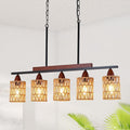 35in Farmhouse Rattan Chandelier Wood Boho Pendant Lighting 5-Light Kitchen Island Light Fixtures Linear Pandeant Light Fixture Rectangle Chandeliers for Dining Room Living Room