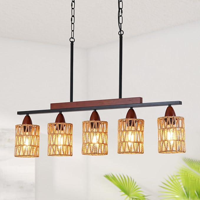 35in Farmhouse Rattan Chandelier Wood Boho Pendant Lighting 5-Light Kitchen Island Light Fixtures Linear Pandeant Light Fixture Rectangle Chandeliers for Dining Room Living Room