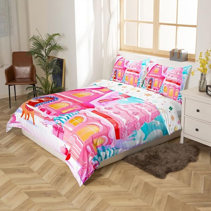 Feelyou Christmas Pink Comforter Cover Set Cute Deer Print Bedding Set Full Size for Kids Boys Girls Bedroom Bed Decor Xmas Christmas Duvet Cover Soft Bedspread Cover,No Comforter