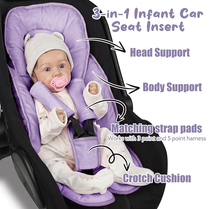 2 in 1 Infant Car Seat Insert Head and Body Support Set, Reversible Newborn Insert for Carseat with 3 Extra Strap Paddings, Soft Stroller Cushion Pillow Insert Girls, Fits for Stroller, Swing, Purple