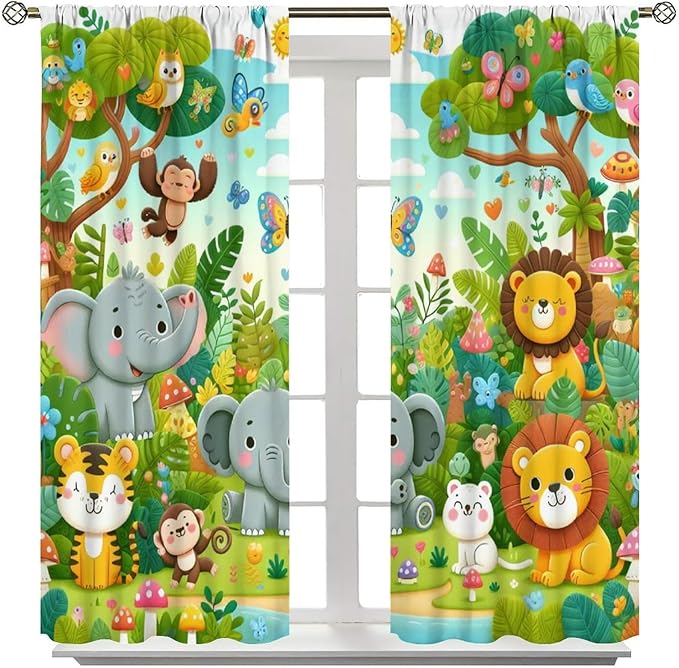 Cartoon Animals Curtain Jungle Forest Elephant Lion Butterfly Floral Print Curtains for Kids Boys Girls Nursery Baby Bedroom Playroom Home Decor Window Drapes 42" W X 45" L